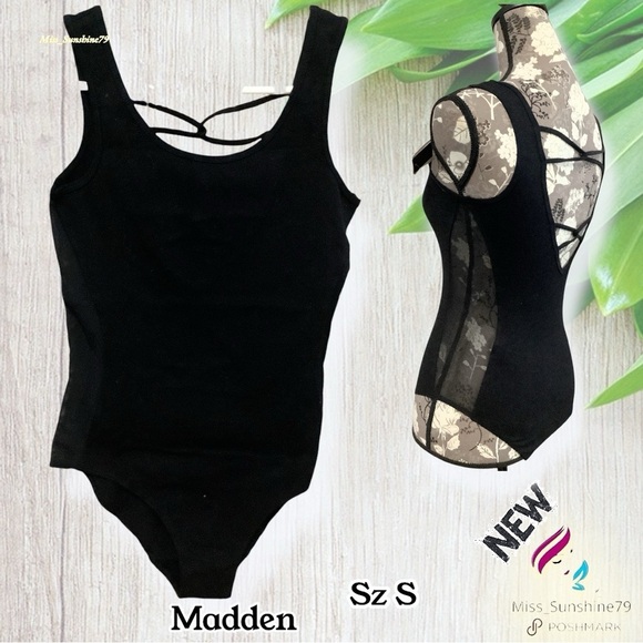 Madden NEW -  Sz S - Criss cross back - mesh transparent sides black Bodysuit - Picture 1 of 12
